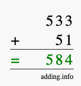 Calculate 533 + 51 using long addition