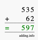 Calculate 535 + 62 using long addition
