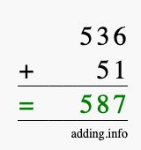 Calculate 536 + 51 using long addition