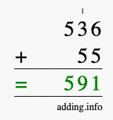 Calculate 536 + 55 using long addition