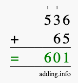 Calculate 536 + 65 using long addition