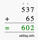 Calculate 537 + 65 using long addition