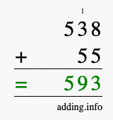 Calculate 538 + 55 using long addition