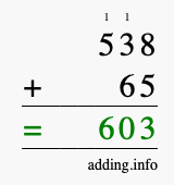 Calculate 538 + 65 using long addition