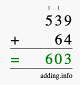 Calculate 539 + 64 using long addition