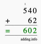 Calculate 540 + 62 using long addition