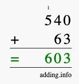Calculate 540 + 63 using long addition