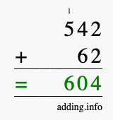 Calculate 542 + 62 using long addition
