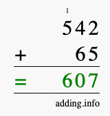 Calculate 542 + 65 using long addition