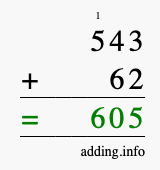 Calculate 543 + 62 using long addition