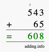 Calculate 543 + 65 using long addition