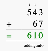 Calculate 543 + 67 using long addition