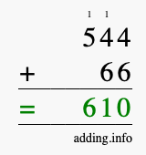Calculate 544 + 66 using long addition