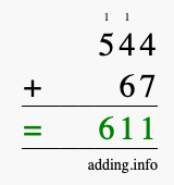 Calculate 544 + 67 using long addition