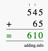 Calculate 545 + 65 using long addition