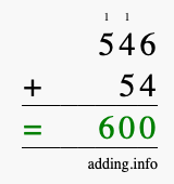 Calculate 546 + 54 using long addition