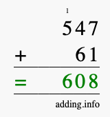 Calculate 547 + 61 using long addition