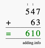 Calculate 547 + 63 using long addition