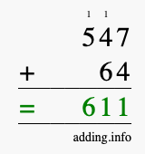 Calculate 547 + 64 using long addition