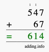Calculate 547 + 67 using long addition