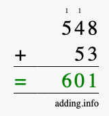 Calculate 548 + 53 using long addition