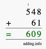 Calculate 548 + 61 using long addition