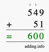 Calculate 549 + 51 using long addition