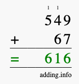 Calculate 549 + 67 using long addition