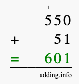 Calculate 550 + 51 using long addition