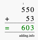 Calculate 550 + 53 using long addition