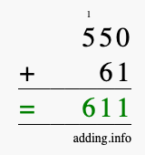 Calculate 550 + 61 using long addition