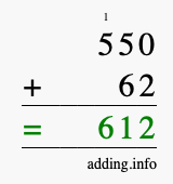 Calculate 550 + 62 using long addition