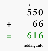 Calculate 550 + 66 using long addition