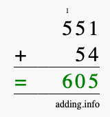 Calculate 551 + 54 using long addition