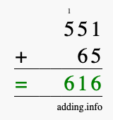 Calculate 551 + 65 using long addition