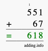 Calculate 551 + 67 using long addition
