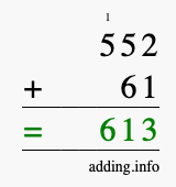 Calculate 552 + 61 using long addition