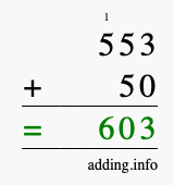 Calculate 553 + 50 using long addition