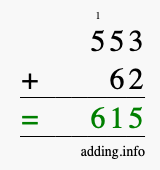 Calculate 553 + 62 using long addition