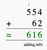 Calculate 554 + 62 using long addition