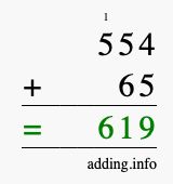 Calculate 554 + 65 using long addition