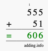 Calculate 555 + 51 using long addition