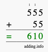 Calculate 555 + 55 using long addition