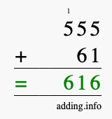Calculate 555 + 61 using long addition