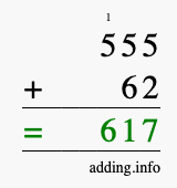 Calculate 555 + 62 using long addition