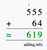 Calculate 555 + 64 using long addition