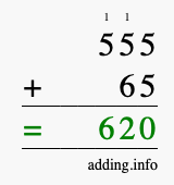 Calculate 555 + 65 using long addition