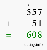 Calculate 557 + 51 using long addition