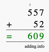 Calculate 557 + 52 using long addition