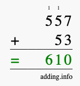 Calculate 557 + 53 using long addition